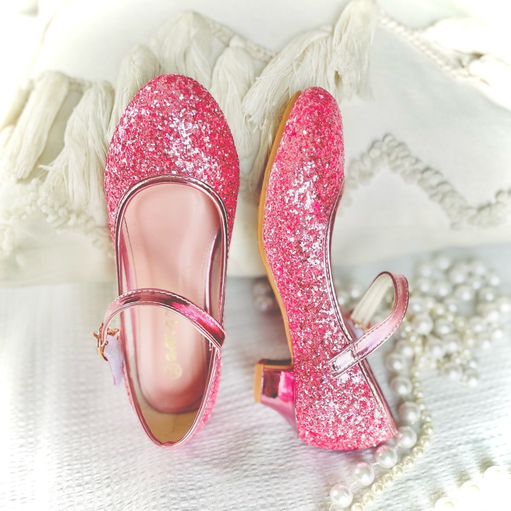 HANKAYOU | 34 / 5 | Girls’ Pink Glitter Low Heel Mary Jane Sparkle Shoe